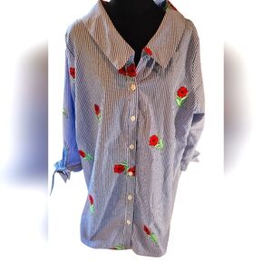 Monteau Blue Striped Embroidered Blouse 3X